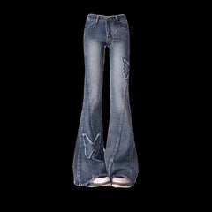 Pbong 2000s fashion American Retro Butterfly Embroidered Micro Flared Jeans for Women New Popular Design High Waist Mopping Pants