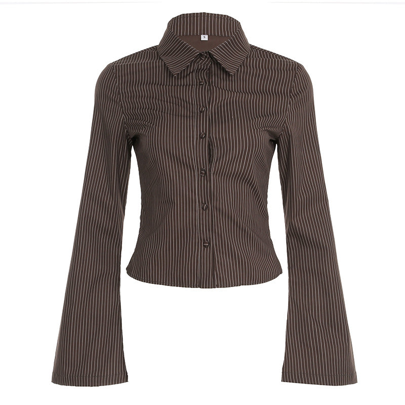 Pbong outfit inspo Elegant Commuter Style Lapel Bell Sleeve Striped Shirt Women's Bag Buckle Cardigan Slim Waist Tight Top New