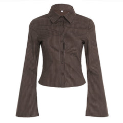 Pbong outfit inspo Elegant Commuter Style Lapel Bell Sleeve Striped Shirt Women's Bag Buckle Cardigan Slim Waist Tight Top New