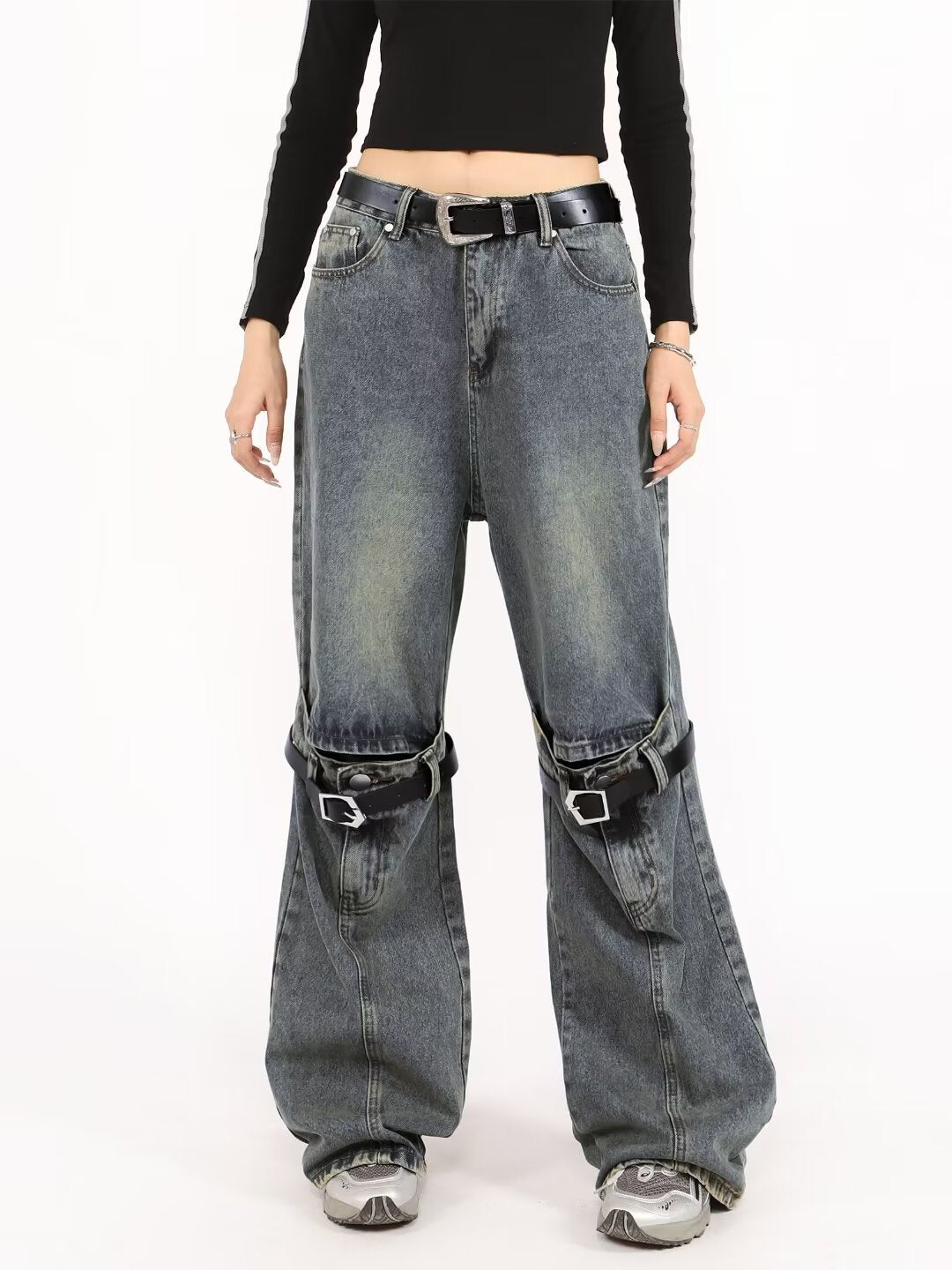 Pbong grunge dti Spring Blue Ripped Skinny Jeans Men's and Women's American-Style Retro Belt Stitching Straight Wide-Leg Trousers