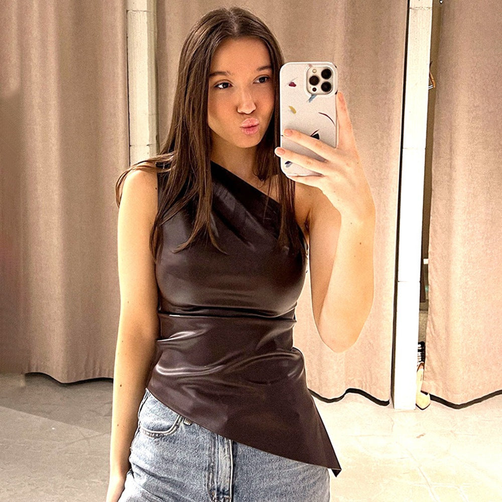 European and American women's one-shoulder sleeveless vest, autumn Amazon new solid color slim-fitting oblique collar zipper slimming top