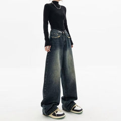 Pbong 2000s fashion Spring and Summer New Jeans Women's High Waist Slimming Straight Loose American Retro High Street Casual Pants Wide Leg Pants Pants