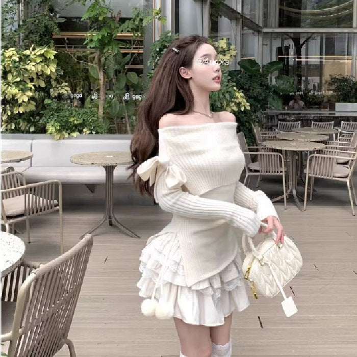 Pbong outfit Korean Style Pure White off-Shoulder Long-Sleeved Sweater Women's Autumn Bow off-Shoulder Sweater Slim-Fit Short Top