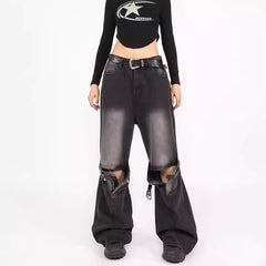 Pbong grunge dti Spring Blue Ripped Skinny Jeans Men's and Women's American-Style Retro Belt Stitching Straight Wide-Leg Trousers