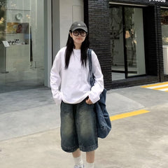 Pbong 90s streetwear American Retro Washed High Street Stitching Denim Shorts Men's and Women's Summer Wide Leg Distressed Loose Casual Cropped Pants