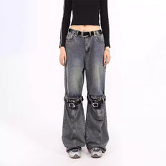 Pbong grunge dti Spring Blue Ripped Skinny Jeans Men's and Women's American-Style Retro Belt Stitching Straight Wide-Leg Trousers