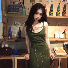 Pbong outfit inspo Spring and Autumn Retro Green Knitted Sling Dress Women's Hot Girl Style Tight Waist Outer Wear Ripped Sheath Long Skirt