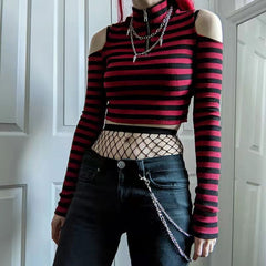 Pbong 2000s fashion Contrast Color Striped off-the-Shoulder Slim-Fit Short Knitted Long-Sleeved T-shirt Top Spring New