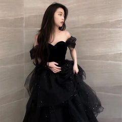 Pbong prom dresses Black Evening Dress New Light Luxury Niche High-End off-Shoulder Adult Ceremony Birthday Graduation Princess Dress