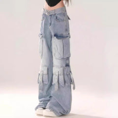 Pbong 2000s fashion New Blue Pattern Cheese Hot Girl Blue Light Color Gradient Multi-Pocket Workwear Jeans Women's Trousers