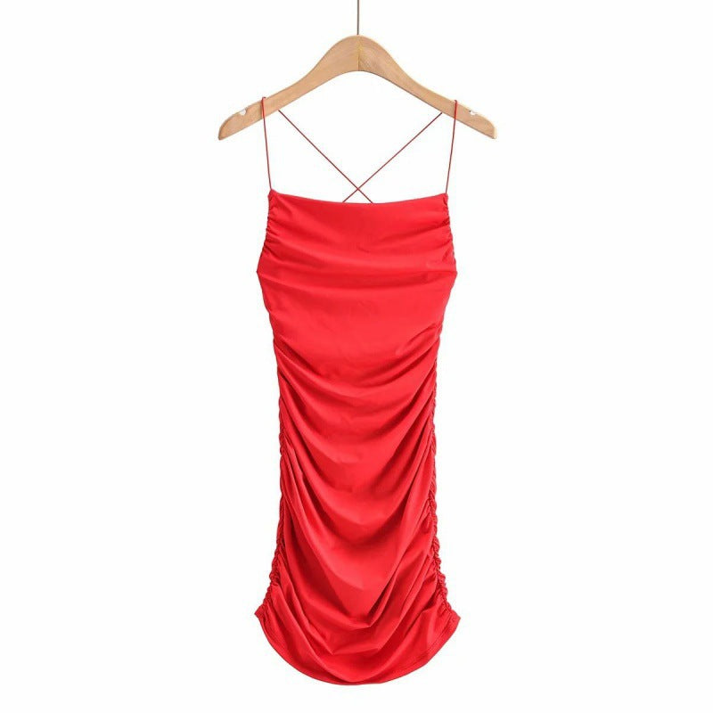 ins sexy hot girl pure desire style big backless skirt pleated tight hip-wrapped spaghetti strap suspender dress short skirt