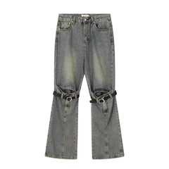 Pbong grunge dti Spring Blue Ripped Skinny Jeans Men's and Women's American-Style Retro Belt Stitching Straight Wide-Leg Trousers