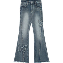 Pbong 2000s fashion American Retro Butterfly Embroidered Micro Flared Jeans for Women New Popular Design High Waist Mopping Pants