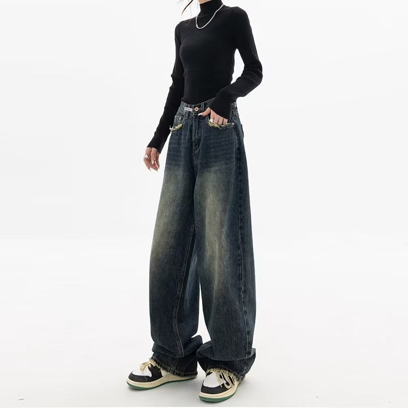 Pbong 2000s fashion Spring and Summer New Jeans Women's High Waist Slimming Straight Loose American Retro High Street Casual Pants Wide Leg Pants Pants