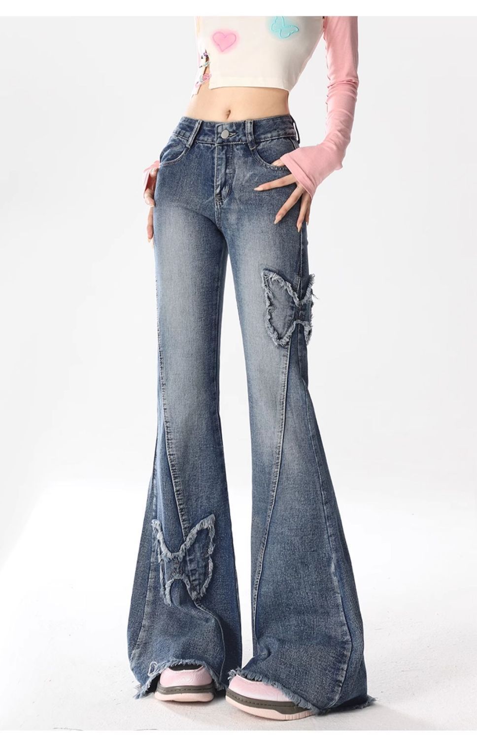 Pbong 2000s fashion American Retro Butterfly Embroidered Micro Flared Jeans for Women New Popular Design High Waist Mopping Pants