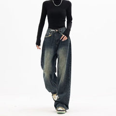 Pbong 2000s fashion Spring and Summer New Jeans Women's High Waist Slimming Straight Loose American Retro High Street Casual Pants Wide Leg Pants Pants