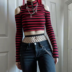 Pbong 2000s fashion Contrast Color Striped off-the-Shoulder Slim-Fit Short Knitted Long-Sleeved T-shirt Top Spring New