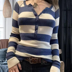 Pbong grunge outfits Commuter Contrast Color Striped Top Autumn Casual All-Match Loose Slimming Sweater