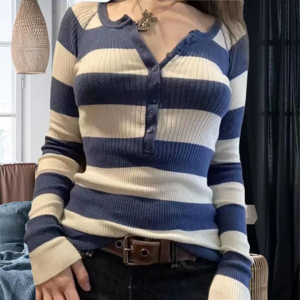 Pbong grunge outfits Commuter Contrast Color Striped Top Autumn Casual All-Match Loose Slimming Sweater