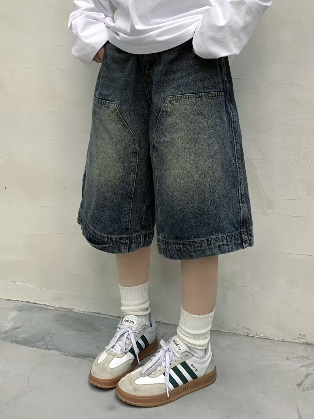 Pbong 90s streetwear American Retro Washed High Street Stitching Denim Shorts Men's and Women's Summer Wide Leg Distressed Loose Casual Cropped Pants