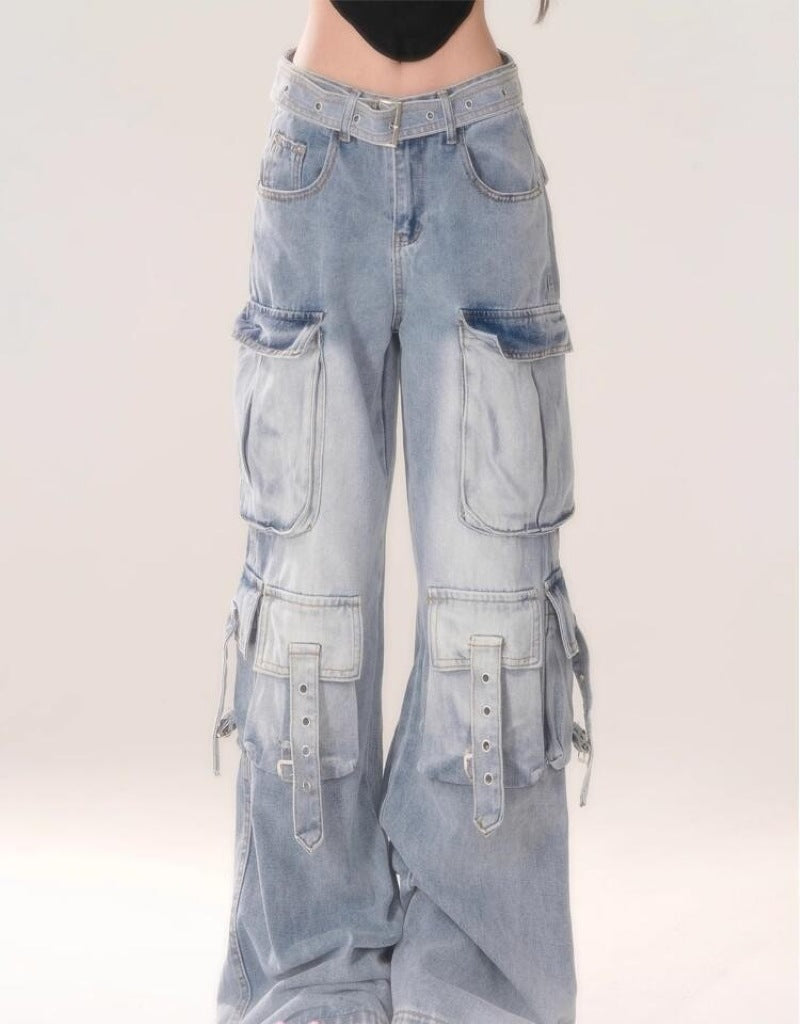 Pbong 2000s fashion New Blue Pattern Cheese Hot Girl Blue Light Color Gradient Multi-Pocket Workwear Jeans Women's Trousers