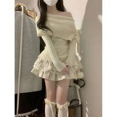 Pbong outfit Korean Style Pure White off-Shoulder Long-Sleeved Sweater Women's Autumn Bow off-Shoulder Sweater Slim-Fit Short Top