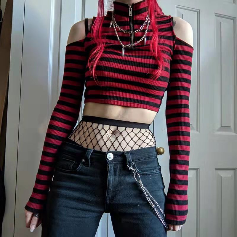 Pbong 2000s fashion Contrast Color Striped off-the-Shoulder Slim-Fit Short Knitted Long-Sleeved T-shirt Top Spring New