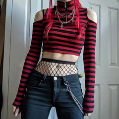 Pbong 2000s fashion Contrast Color Striped off-the-Shoulder Slim-Fit Short Knitted Long-Sleeved T-shirt Top Spring New