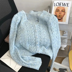 Women Knitted Cardigan Sweater Jacket Fashion Spring Autumn 2024 New Versatile Leisure Thin Style Hollowing Out Ladies Top Coat