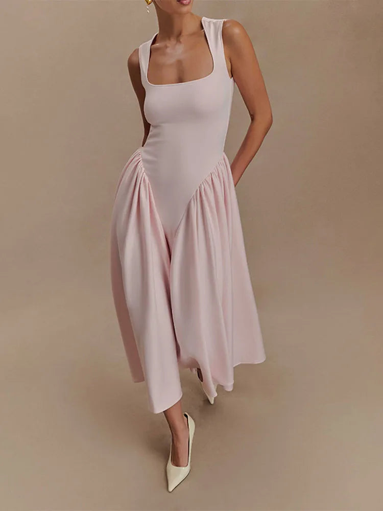 Women's Elegant Solid High Waist Pleated Long Dress Fashion Square Neck Sleeveless A-line Dresses Vocation Beach Streetwear