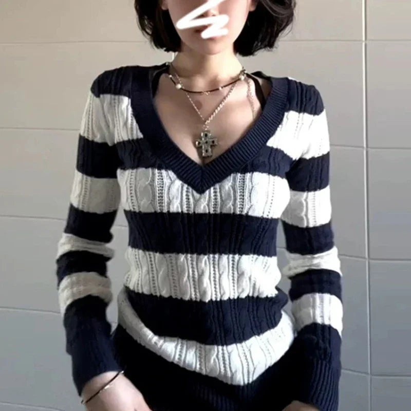 High End Blue Whiter Constrast Color Striped V Neck Sweaters Office Lady Harajuku Lazy Base Streetwear Pullovers Women Clothes