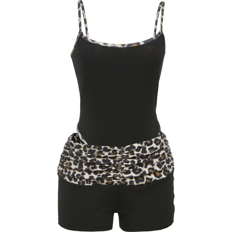 Street Women 2 Piece Set Leopard Print Tracksuit Stretch Sleeveless Bodysuit Tops+Wide Waist Shorts Matching Outfits