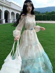 Autumn Women Printed Midi Dress Vintage Off Shoulder Halter Long Sleeve Loose A-Line Casual Dresses Female Vestidos Mujer New