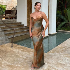 Fashion V-neck Satin Party Dress Vacation Beach Slim Women Long Dress Tie Dye Printing Streetwear Summer Slip Dresses New