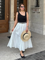 Elegant White Long Skirt Fashion Zipper A-line Pleat Skirt All-match Vacation Beach Summer Skirts Chic Female Clothing New