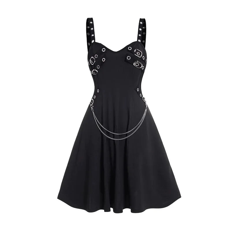 Women Summer Gothic Dress Plain Color Dress Grommet Buckle Chain Embellishment High Waisted Sleeveless A Line Midi Dress