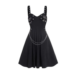 Women Summer Gothic Dress Plain Color Dress Grommet Buckle Chain Embellishment High Waisted Sleeveless A Line Midi Dress