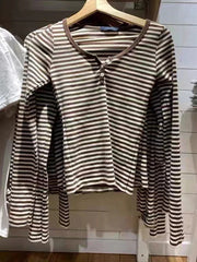Vintage Brown Striped Slim T-shirts Women 2024 Summer Y2k Streetwear Round Neck Long Sleeve T Shirt Harajuku Casual Cotton Tops