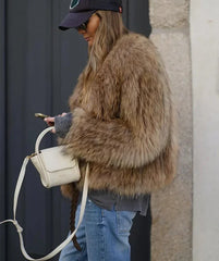 Women Fashion Thicken Short Faux Fur Jacket Chic V Neck Long Sleeved Plush Cardigan Coat Winter Elegant Female Warm Outerwear