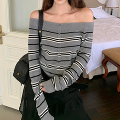 Long Sleeve Off Shoulder Stripe Knit Top for Women Button Front Off-the-Shoulder T-shirt Teen-girl Y2K Clothing