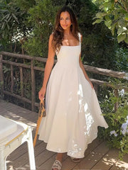 Elegant Square Collar White Long Dress 2025 New Summer A-line Sleeveless Tank's Dress Fashion Vacation Party Wedding Women Dress