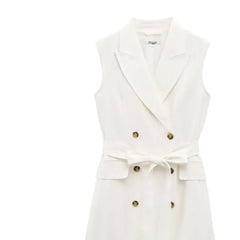 Fashion Simple Slim Fit Blended Short Dress Elegant Solid Color Lapel Summer Dress With Belt Dresses Bouble Breasted Dress