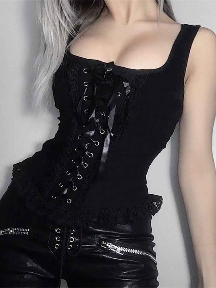 Grunge Tank Tops Gothic Transparent Hollow Out Crisscross Bandage Top Summer Sexy Fashion Mesh Ruch Ruffle Punk Tops
