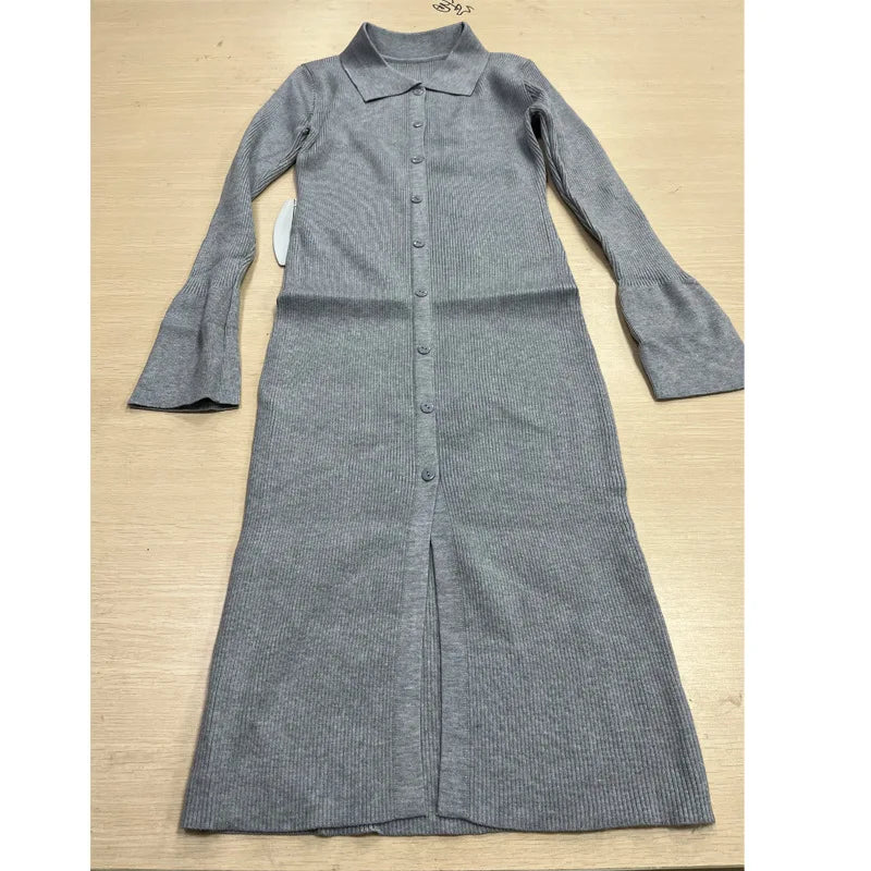 Turn Down Collar Button Ribbed Knitting Long Dress Tight Slit Women Dress Spring Autumn Solid Color Basic Simple Dresses