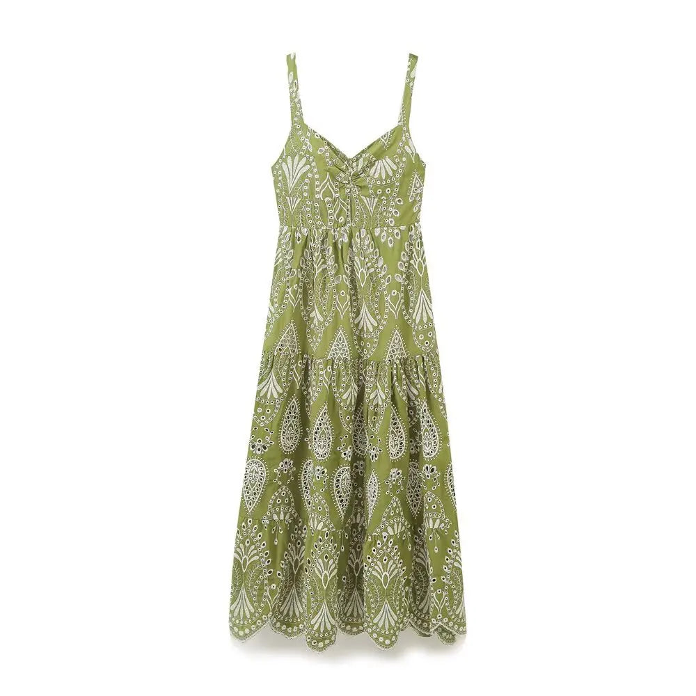 Fashion Casual Hollow Out Embroider Suspender Dress Bohemian Ethnic Style A-line Long Dress Chic Vacation Beach Dress 2025 New