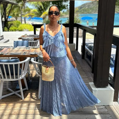 Purple Blue Lace Tank Top Long Skirt Vacation 2 Piece Set Ruffle Vest + A-line Skirt Thin Transparent Fashion Summer Outfit