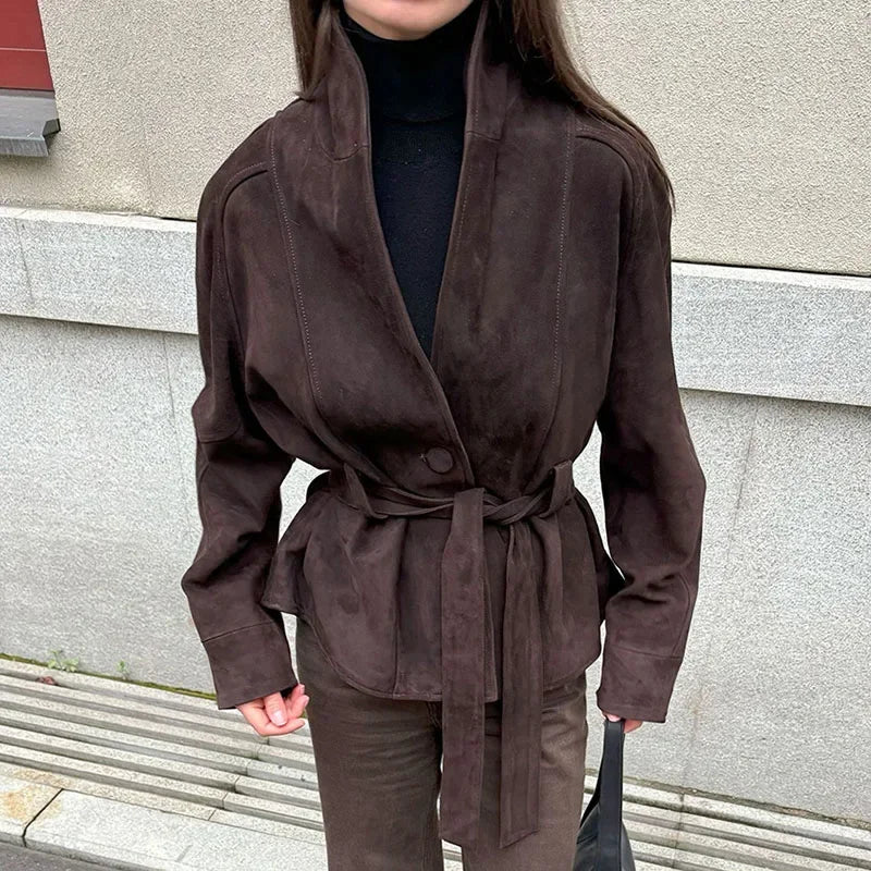 Elegant Women's Belt Suede Jackets Lace Up Lapel One Button Long Sleeve Coat 2025 Autumn Lady Vintage Loose Street Outwearrs