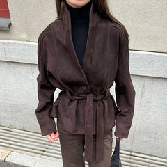 Elegant Women's Belt Suede Jackets Lace Up Lapel One Button Long Sleeve Coat 2025 Autumn Lady Vintage Loose Street Outwearrs