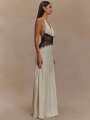 Summer Backless Sexy Maxi Dress Women Gown Patchwork Lace Halter Deep V Neck Sleeveless High Waist Elegant Long Dress