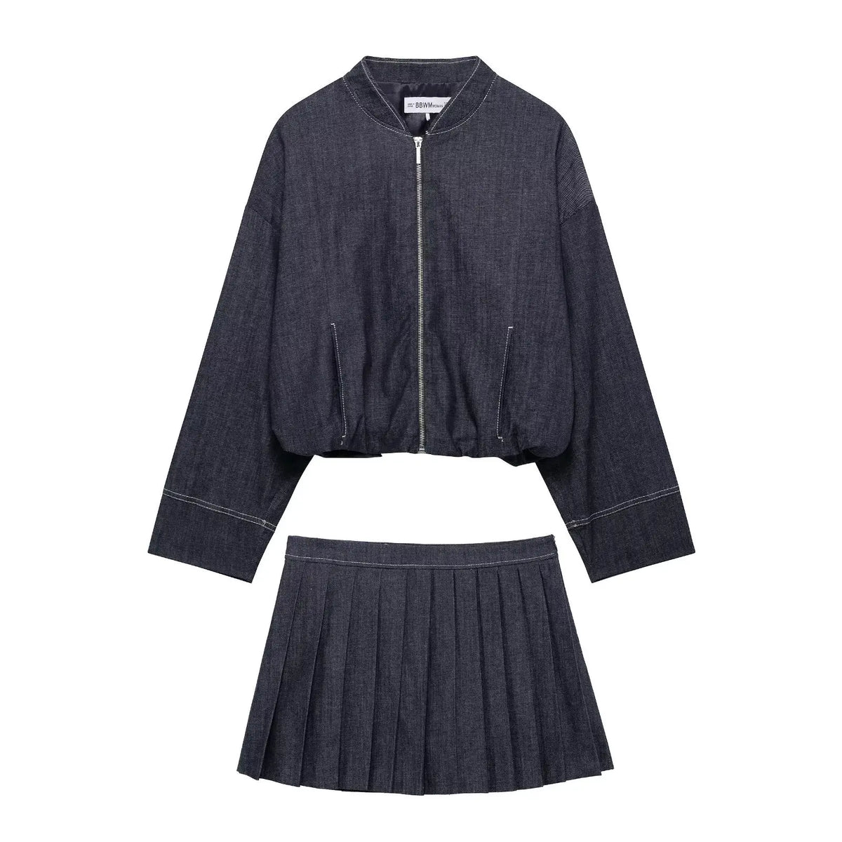 Fashion Denim Bomber Jacket And Pleat Skirt Spring Summer Outfits New Navy Blue Zipper Coat + Short Skirt Retro Casual Suit